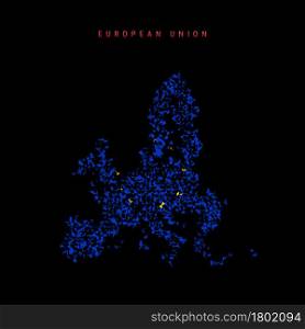 European Union flag map, chaotic particles pattern in the colors of the EU flag. Vector illustration isolated on black background.. European Union flag map, chaotic particles pattern in the EU flag colors. Vector illustration