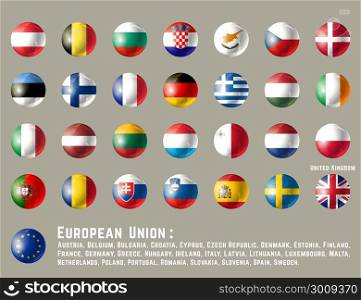European Union flags. Glossy round button flag set. Vector illustration.. European Union round flags