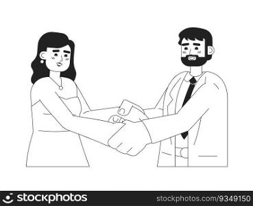 European wedding couple holding hands monochromatic flat vector characters. Romantic bride and groom. Editable thin line half body people on white. Simple bw cartoon spot image for web graphic design. European wedding couple holding hands monochromatic flat vector characters