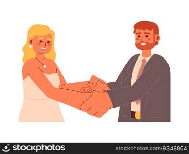 European wedding couple holding hands semi flat colorful vector characters. Romantic bride and groom. Editable half body people on white. Simple cartoon spot illustration for web graphic design. European wedding couple holding hands semi flat colorful vector characters