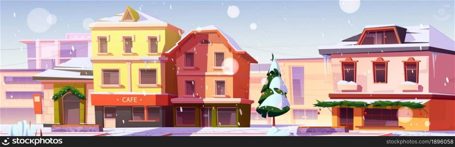 European winter street under falling snow, christmas tree and festive decor on buildings. Europe city houses design. Provincial town dwellings exterior, cafe and stores, Cartoon vector illustration. European winter street under falling snow, xmas