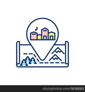 European winter village RGB color icon. Route to idyllic town in mountain. GPS marker for travel destination. Trip to city. Ski resort location. Wintertime vacation. Isolated vector illustration. European winter village RGB color icon