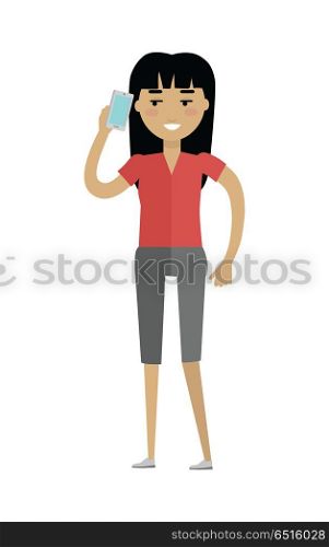 European Woman in Blouse and Breeches Speaking. Young european woman in red blouse and grey breeches speaking on telephone. Caucasian beautiful girl. Attractive teenager lady in casual clothes. Part of series of people of the world. Vector