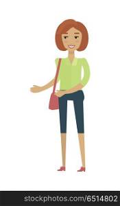 European Woman in Blouse and Breeches with Bag.. Young european woman in green blouse and blue breeches with leather bag. Caucasian beautiful girl. Attractive teenager lady in casual clothes. Part of series of people of the world. Vector illustration