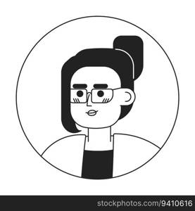 European woman in glasses monochrome flat linear character head. Brunette with bun hairstyle. Editable outline hand drawn human face icon. 2D cartoon spot vector avatar illustration for animation. European woman in glasses monochrome flat linear character head