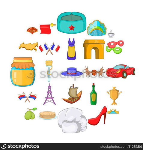 Eurotrip icons set. Cartoon set of 25 eurotrip vector icons for web isolated on white background. Eurotrip icons set, cartoon style