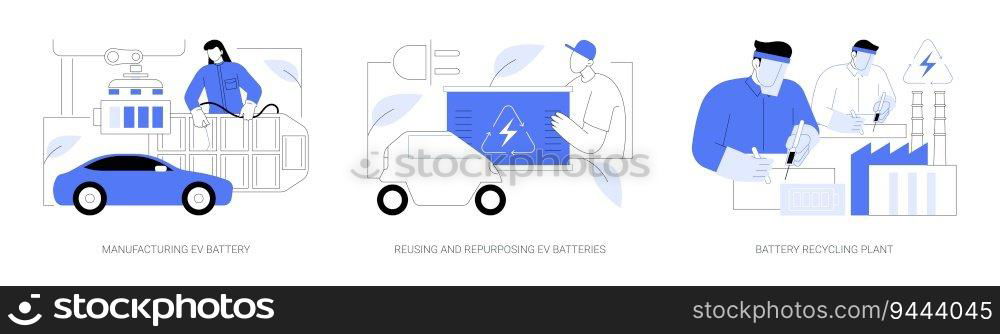 EV battery lifecycle abstract concept vector illustration set. Manufacturing EV battery, eco-friendly sustainable energy sources reusing and repurposing, recycling plant abstract metaphor.. EV battery lifecycle abstract concept vector illustrations.