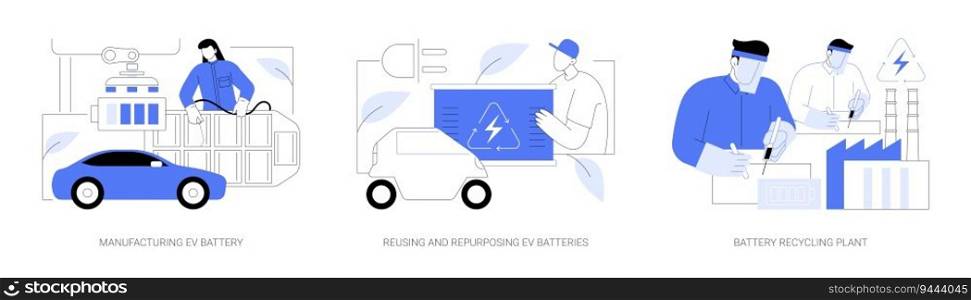 EV battery lifecycle abstract concept vector illustration set. Manufacturing EV battery, eco-friendly sustainable energy sources reusing and repurposing, recycling plant abstract metaphor.. EV battery lifecycle abstract concept vector illustrations.