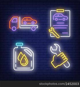 Evacuating car, wrench, clipboard and oil canister neon signs set. Car service, equipment and repair design. Night bright neon sign, colorful billboard, light banner. Vector illustration in neon style. Evacuating car, wrench, clipboard and oil canister neon signs set