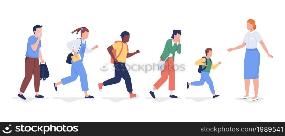 Evacuating students from school semi flat color vector characters set. Full body people on white. Emergency class leaving isolated modern cartoon style illustrations for graphic design and animation. Evacuating students from school semi flat color vector characters set