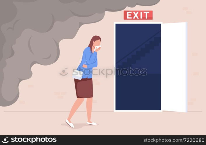Evacuation from office fire flat color vector illustration. Office employee escape from smoke. Woman run from workplace emergency 2D cartoon character with opened entrance on background. Evacuation from office fire flat color vector illustration