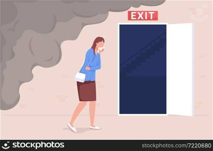 Evacuation from office fire flat color vector illustration. Office employee escape from smoke. Woman run from workplace emergency 2D cartoon character with opened entrance on background. Evacuation from office fire flat color vector illustration