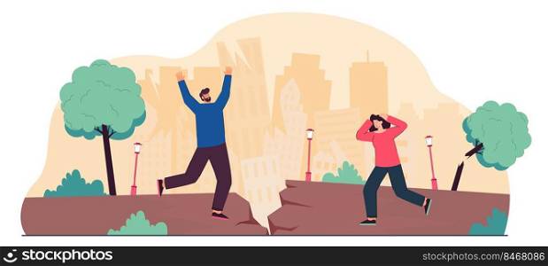 Evacuation of people from danger of earthquake in city. Man and woman running from disaster amid clefts on road, destruction of houses flat vector illustration. Natural disaster insurance concept. Evacuation of people from danger of earthquake in city