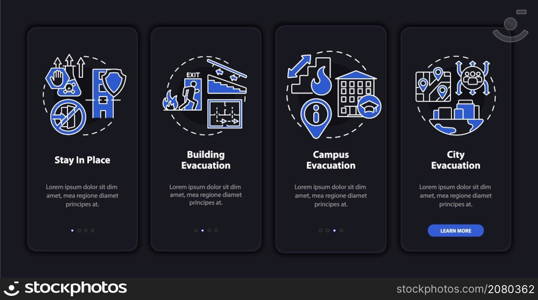 Evacuation types night mode onboarding mobile app screen. Solution walkthrough 4 steps graphic instructions pages with linear concepts. UI, UX, GUI template. Myriad Pro-Bold, Regular fonts used. Evacuation types night mode onboarding mobile app screen