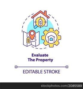 Evaluate property concept icon. Real estate management service abstract idea thin line illustration. Isolated outline drawing. Editable stroke. Roboto-Medium, Myriad Pro-Bold fonts used. Evaluate property concept icon