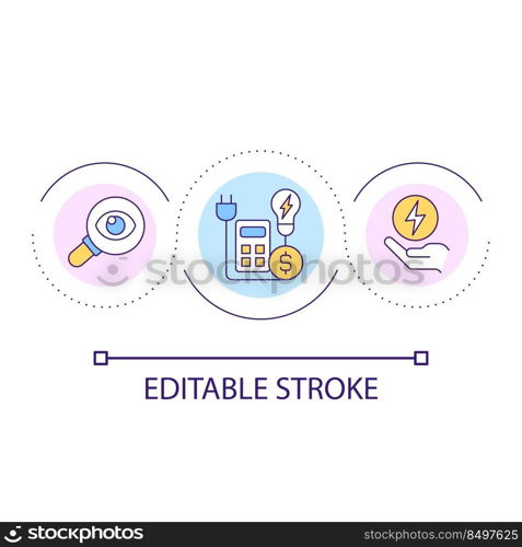 Evaluate utilities expenditures loop concept icon. Accounting costs. Electricity consumption bill abstract idea thin line illustration. Isolated outline drawing. Editable stroke. Arial font used. Evaluate utilities expenditures loop concept icon