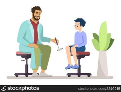 Evaluating young patient knee condition semi flat RGB color vector illustration. Male orthopedist isolated cartoon characters on white background. Evaluating young patient knee condition semi flat RGB color vector illustration