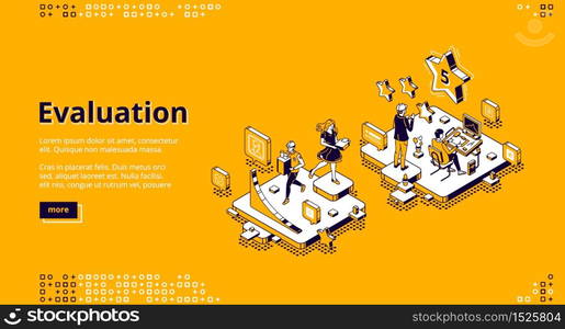 Evaluation banner. Customer review, feedback about quality, experience report. Vector landing page of rating service with isometric illustration of people, stars and chart. Landing page of rating and evaluation service