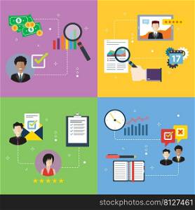 Evaluation, finance, feedback, report, rating and business icons. Concepts of evaluation financial, report feedback, analysis and rating, business feedback. Flat design icons in vector illustration.