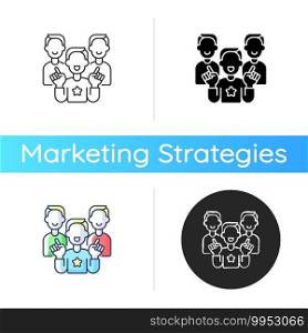 Evangelism marketing icon. Advanced form of marketing in which companies develop customers who believe in product. Linear black and RGB color styles. Isolated vector illustrations. Evangelism marketing icon