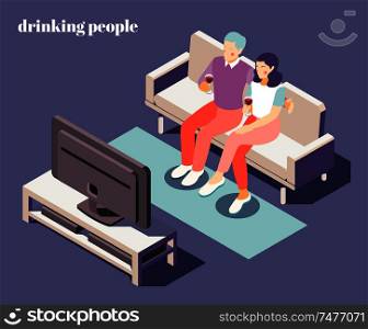 Evening at home isometric composition with couple drinking and watching TV symbols vector illustration