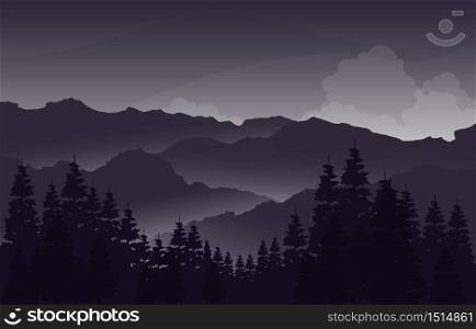 Evening Calm Mountain Forest Wild Nature Landscape Monochrome Illustration