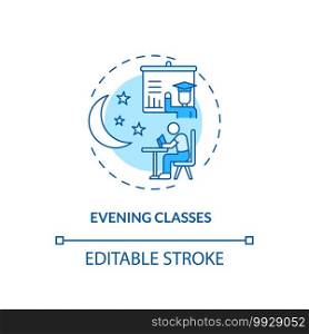 Evening classes concept icon. Staff training idea thin line illustration. Providing academic information and experiences. Education courses. Vector isolated outline RGB color drawing. Editable stroke. Evening classes concept icon