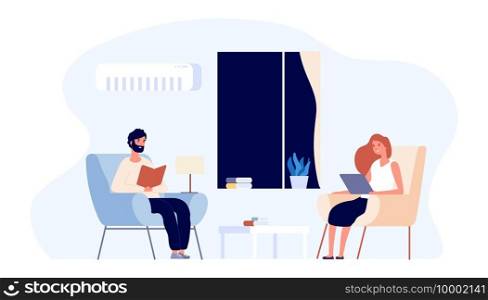 Evening family time. Hygge concept. Flat couple vector illustration. Young man and woman reading in living room. Woman and man read book in rest time. Evening family time. Hygge concept. Flat couple vector illustration. Young man and woman reading in living room