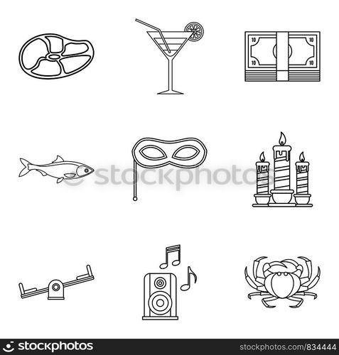 Evening for adult icons set. Outline set of 9 evening for adult vector icons for web isolated on white background. Evening for adult icons set, outline style