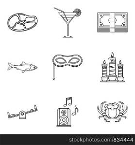 Evening for adult icons set. Outline set of 9 evening for adult vector icons for web isolated on white background. Evening for adult icons set, outline style