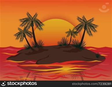 Evening island with palm trees surrounded by sea graphic vector illustration. Beautiful tropical seascape with big yellow sun background paradise beach at sunset. Evening island with palm trees surrounded by sea graphic vector illustration