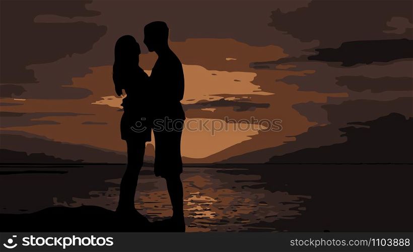 Evening landscape. Silhouette of a man and a woman on the river Bank against the sunset