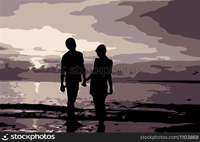 Evening landscape. Silhouette of a young man and a girl on the river Bank against the sunset
