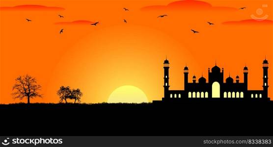 Evening mosque silhouette with birds and trees. Ramadan kareem banner. Vector illustration