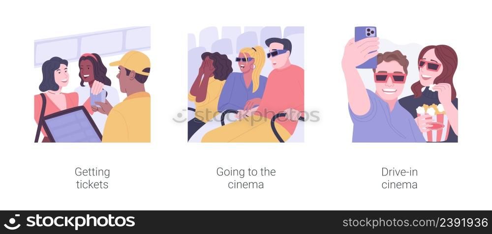 Evening outing isolated cartoon vector illustrations set. Getting tickets to event, going to the cinema, drive-in cinema, leisure time together, people urban lifestyle vector cartoon.. Evening outing isolated cartoon vector illustrations set.