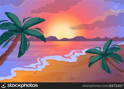 Evening sea landscape. Cartoon background with ocean shore, palm trees and evening sky, travel and tourism concept. Vector illustration design image tropical islands landscape journey. Evening sea landscape. Cartoon background with ocean shore, palm trees and evening sky, travel and tourism concept. Vector illustration