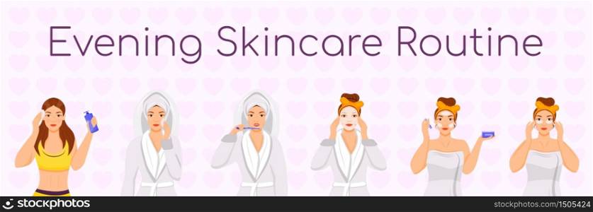 Evening skincare routine flat color vector characters set. Skin treatment steps. Face daily procedures isolated cartoon illustrations on white background. Girl cleansing face, applying sheet mask
