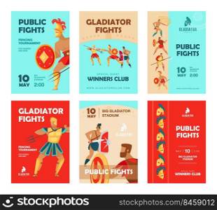 Event brochure designs with gladiators fighting. Vivid promotion for tournament with ancient warriors, public fights. Fencing club, competition concept for advertising leaflet or promotional flyer