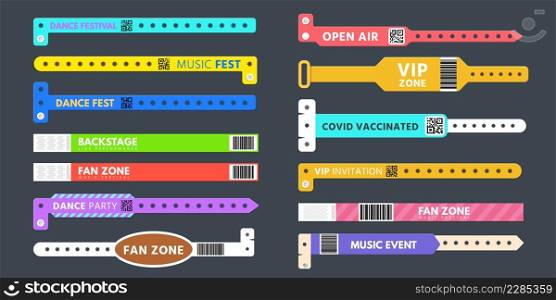 Event entrance plastic bracelet, pass wristband for concert. Wrist band with qr code covid vaccinated. Vip party access control vector set of identification pass for access event illustration. Event entrance plastic bracelet, pass wristband for concert. Wrist band with qr code covid vaccinated. Vip party access control vector set