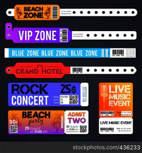 Event entrance vector bracelets and stadium zone admission tickets templates isolated. Bracelet for entry and admit to show concert illustration. Event entrance vector bracelets and stadium zone admission tickets templates isolated