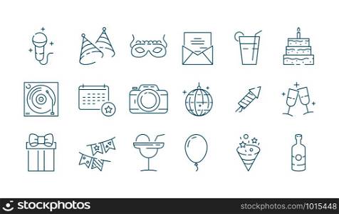 Event icon. Party festival birthday celebration entertainment fun vector thin line symbols collection. Birthday cake and happy celebrating illustration. Event icon. Party festival birthday celebration entertainment fun vector thin line symbols collection