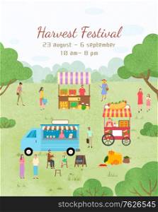 Event invitation, harvest festival. People selling products. Truck with products food vegetables and snacks, coffee beverages promotional poster. Funny spending time on harvest festival. Flat cartoon. Harvest Festival Poster Dates Invitation to Event