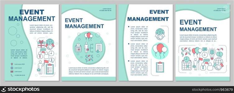 Event management brochure template layout. Corporate events industry. Flyer, booklet, leaflet print design with linear illustrations. Vector page layouts for magazines, reports, advertising posters