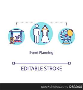 Event management concept icon. Special occasion celebration planning idea thin line illustration. Concerts, holidays arranging. Vector isolated outline RGB color drawing. Editable stroke