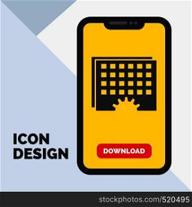 Event, management, processing, schedule, timing Glyph Icon in Mobile for Download Page. Yellow Background. Vector EPS10 Abstract Template background