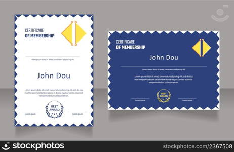 Event membership certificate design template set. Vector diploma with customized copyspace and borders. Printable document for awards and recognition. Teco Light, Semibold, Arial Regular fonts used. Event membership certificate design template set