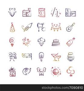 Event, party, birthday bright outline icons of set isolated on white. Vector illustration. Event, party, birthday outline icons set