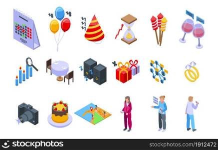 Event planner icons set isometric vector. App calendar. Operation period. Event planner icons set isometric vector. App calendar