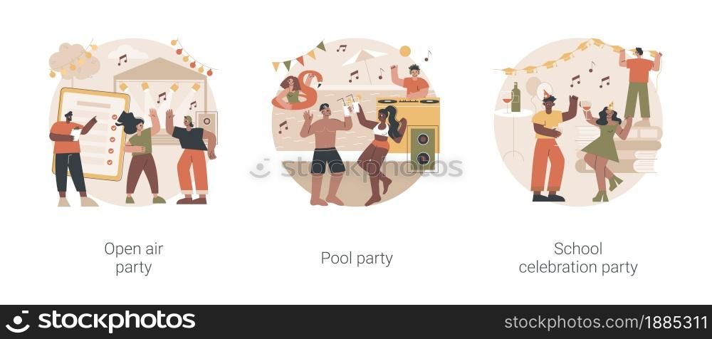 Event planning abstract concept vector illustration set. Open air pool party, school celebration, dance outdoor, summer music festival, swimming pool, ball invitation and decoration abstract metaphor.. Event planning abstract concept vector illustrations.