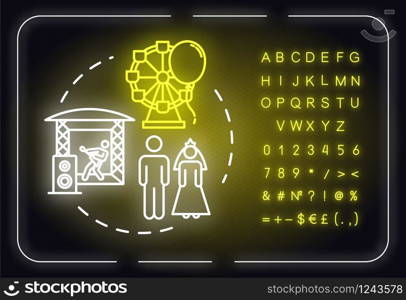 Event planning neon light concept icon. Live show. Wedding organization. Professional agency idea. Outer glowing sign with alphabet, numbers and symbols. Vector isolated RGB color illustration
